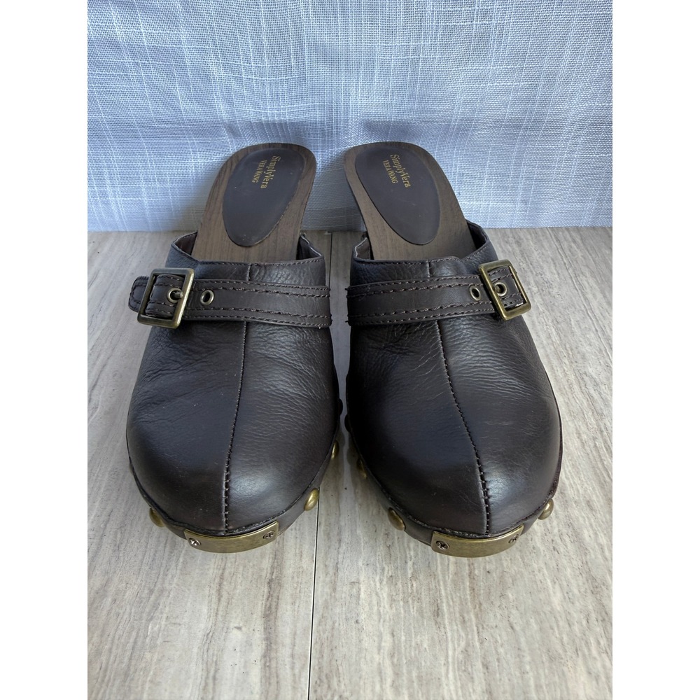 Vera Wang Brown Buckle Mules Chunky Wooden Kitten Heel Clogs Studded Sz 10 Boho - Picture 2 of 12